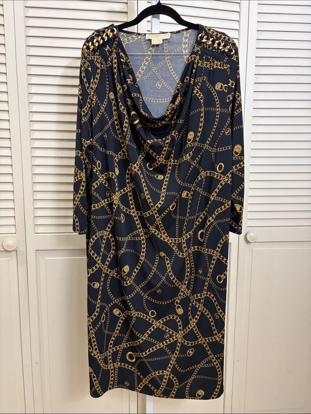 Michael by Michael Kors Cowl Neck Black Dress with Gold Chain Print 2X